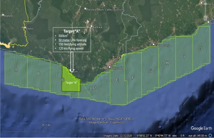 Satellite view of southwestern Ghana's coastline with the 10,000 km² aeromagnetic survey grid overlaid in blocks A through J — Block 1 flown and completed, Block 2 98% complete
