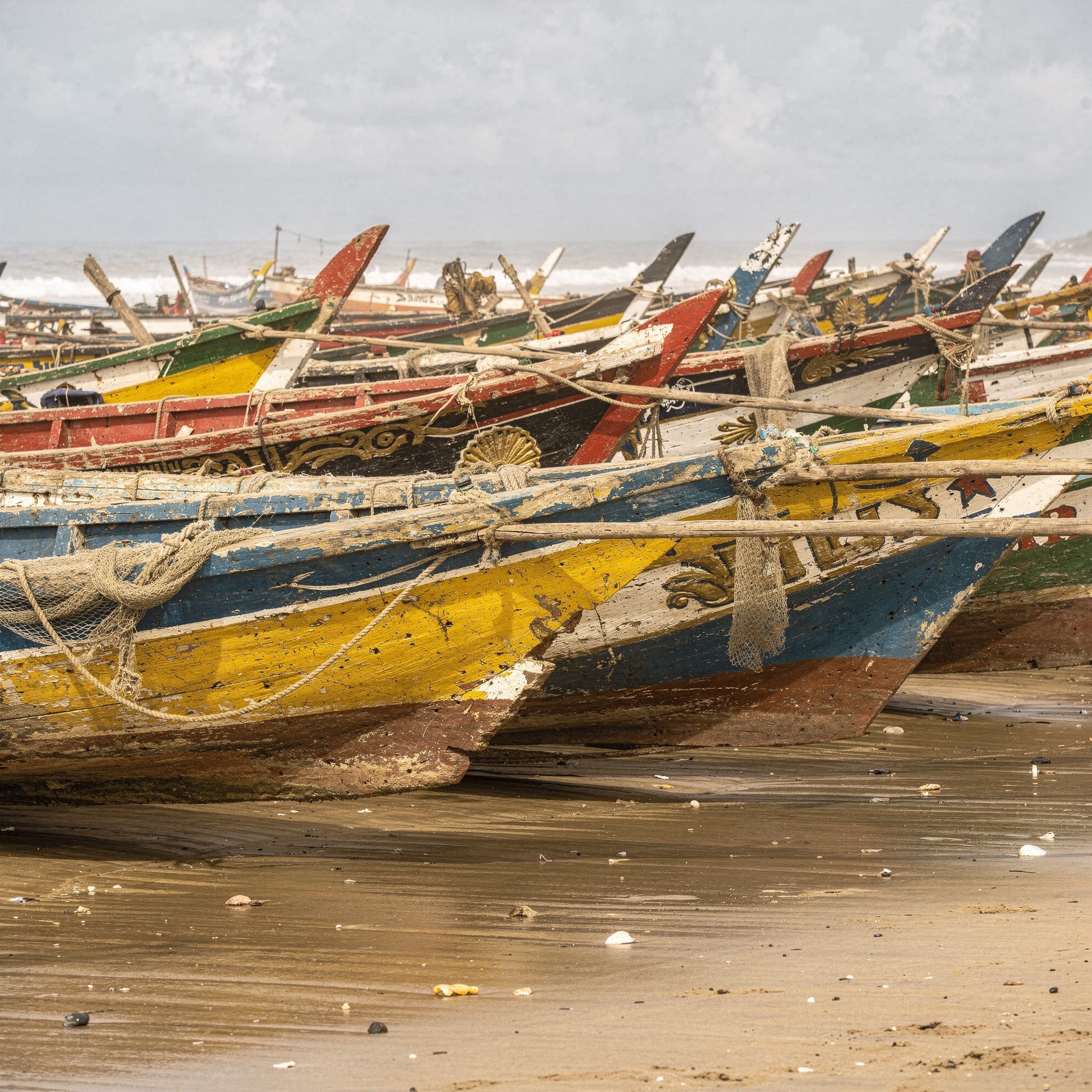 Brightly hand-painted wooden fishing pirogues beached together along the Ghanaian coast