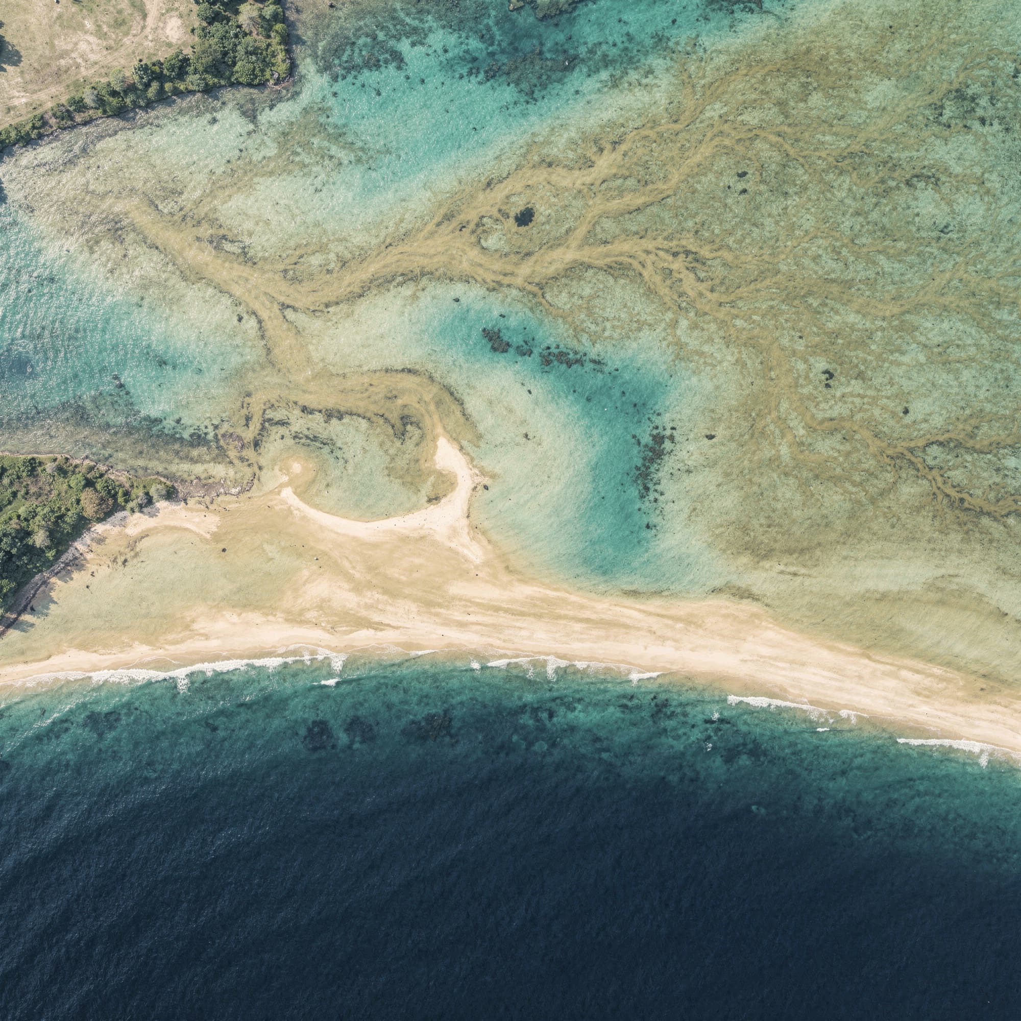 Aerial view of clear turquoise coastal shallows meeting golden sandbars and a sandy shoreline above deep blue ocean