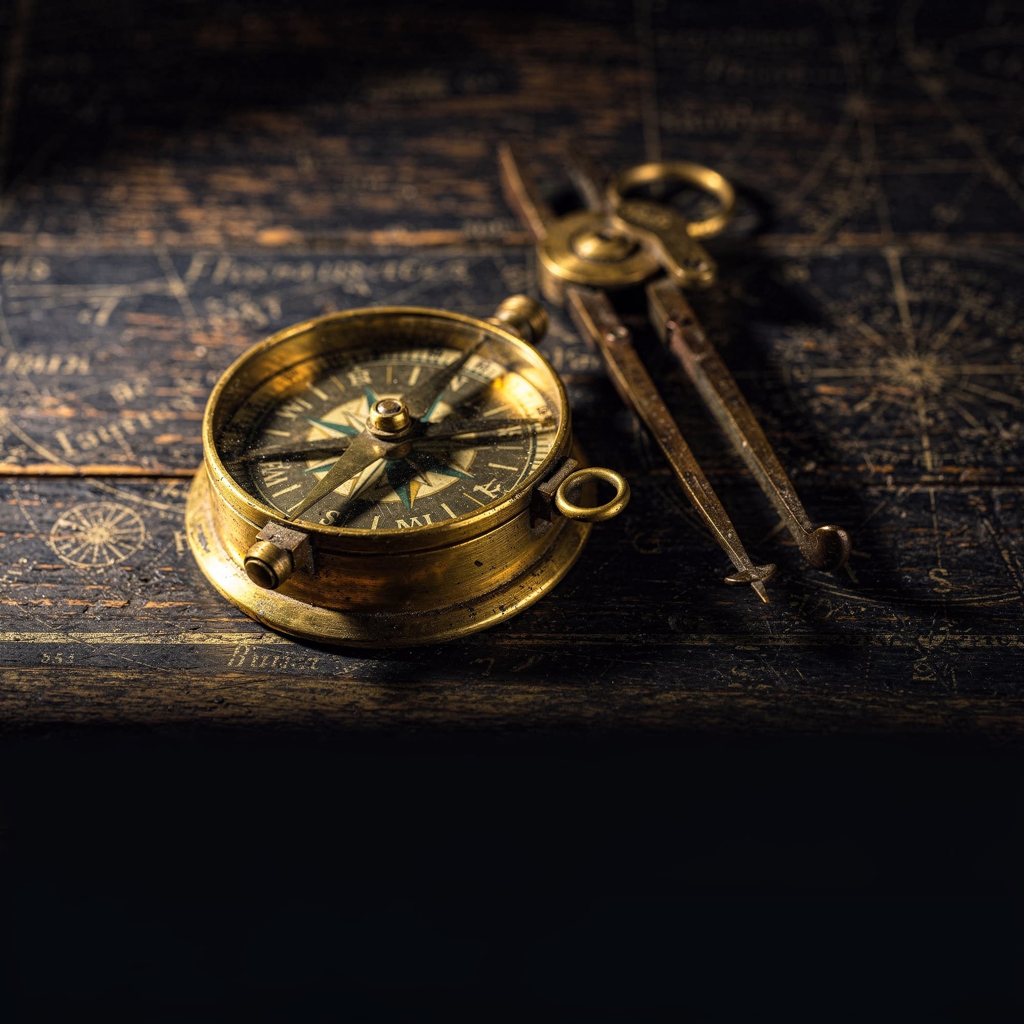 Antique brass marine compass and navigation dividers resting on a dark weathered nautical chart