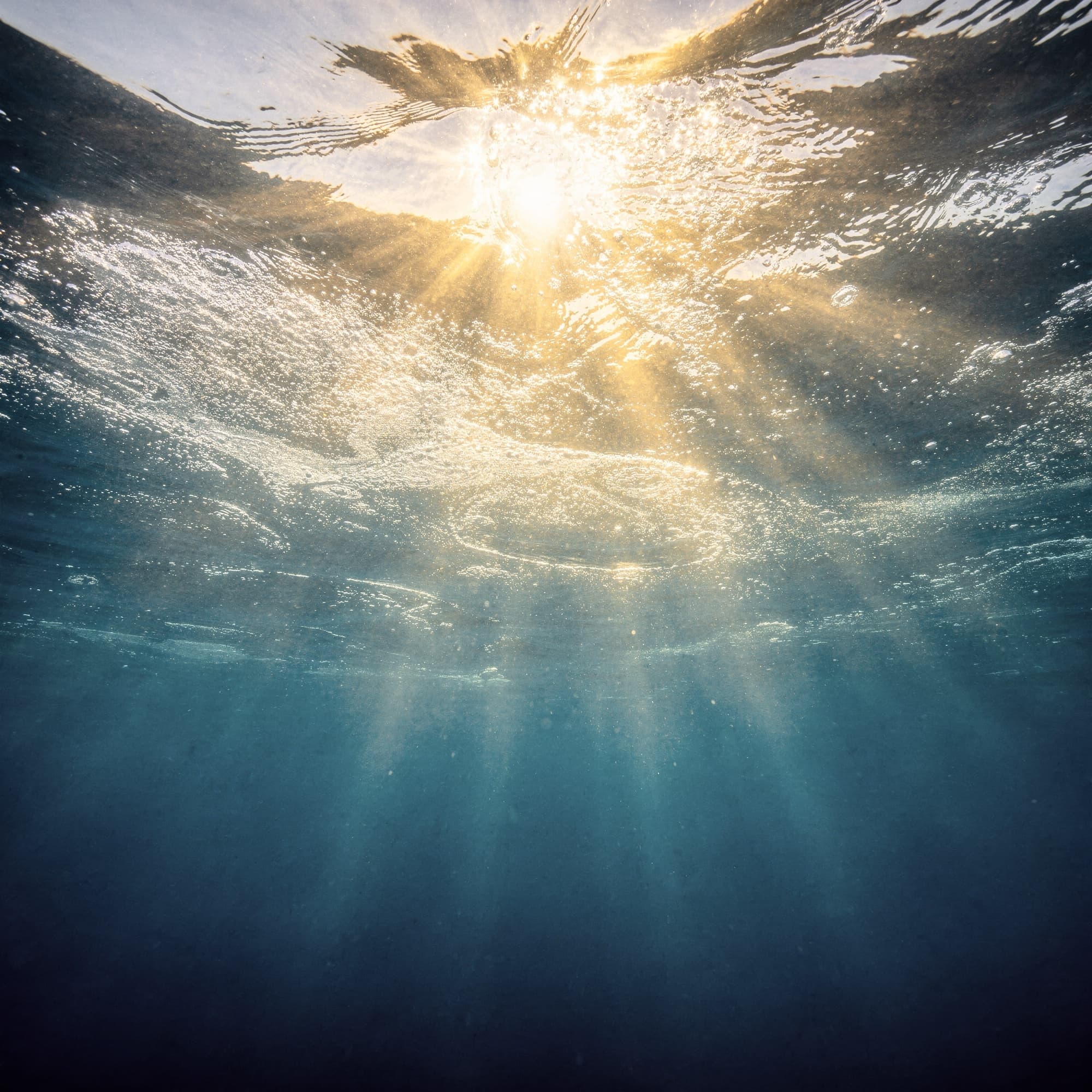 Shafts of warm sunlight piercing down through clear blue ocean water seen from below the surface