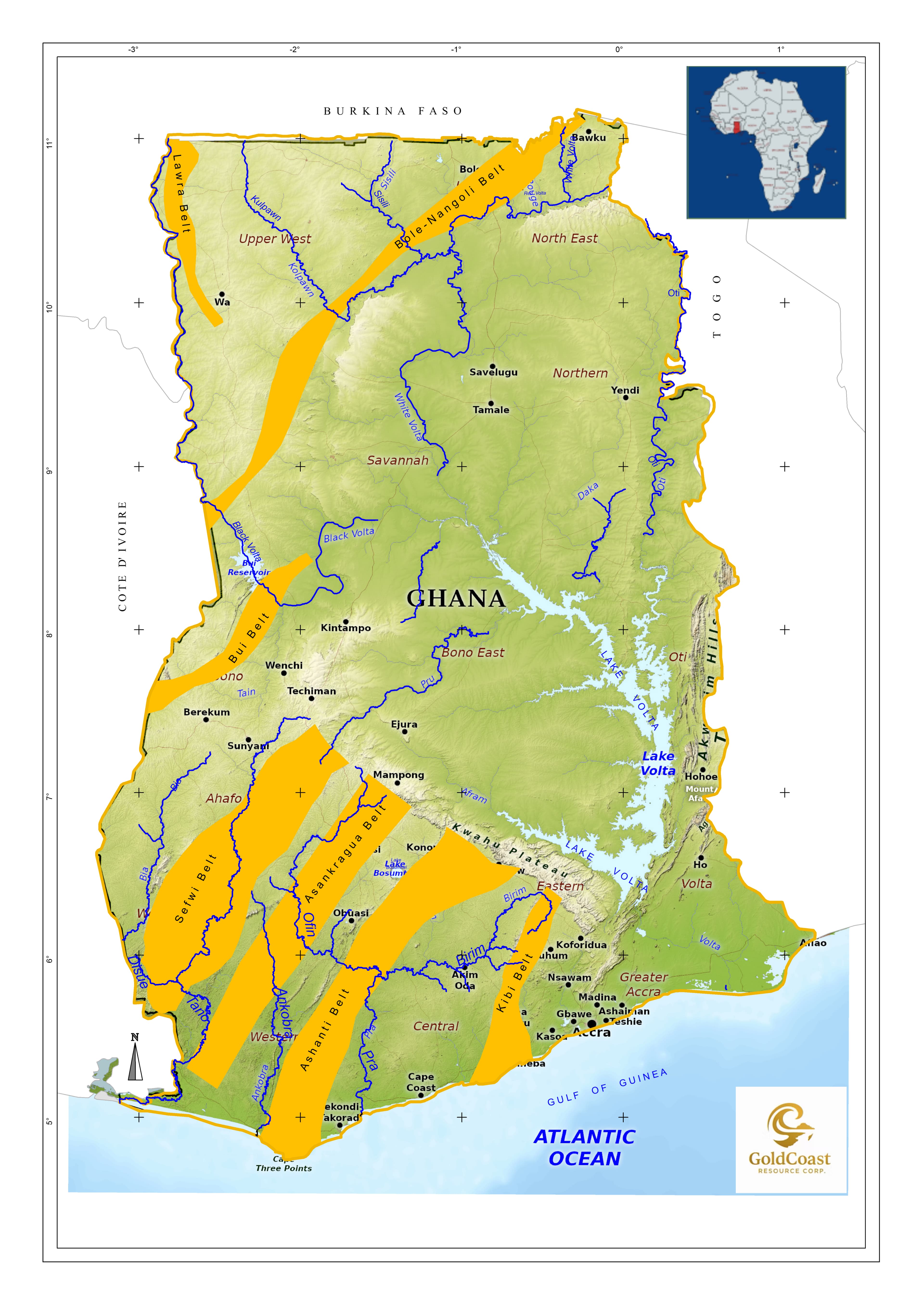 Ghana Gold Belts — major gold-bearing belts and river systems draining onto the continental shelf