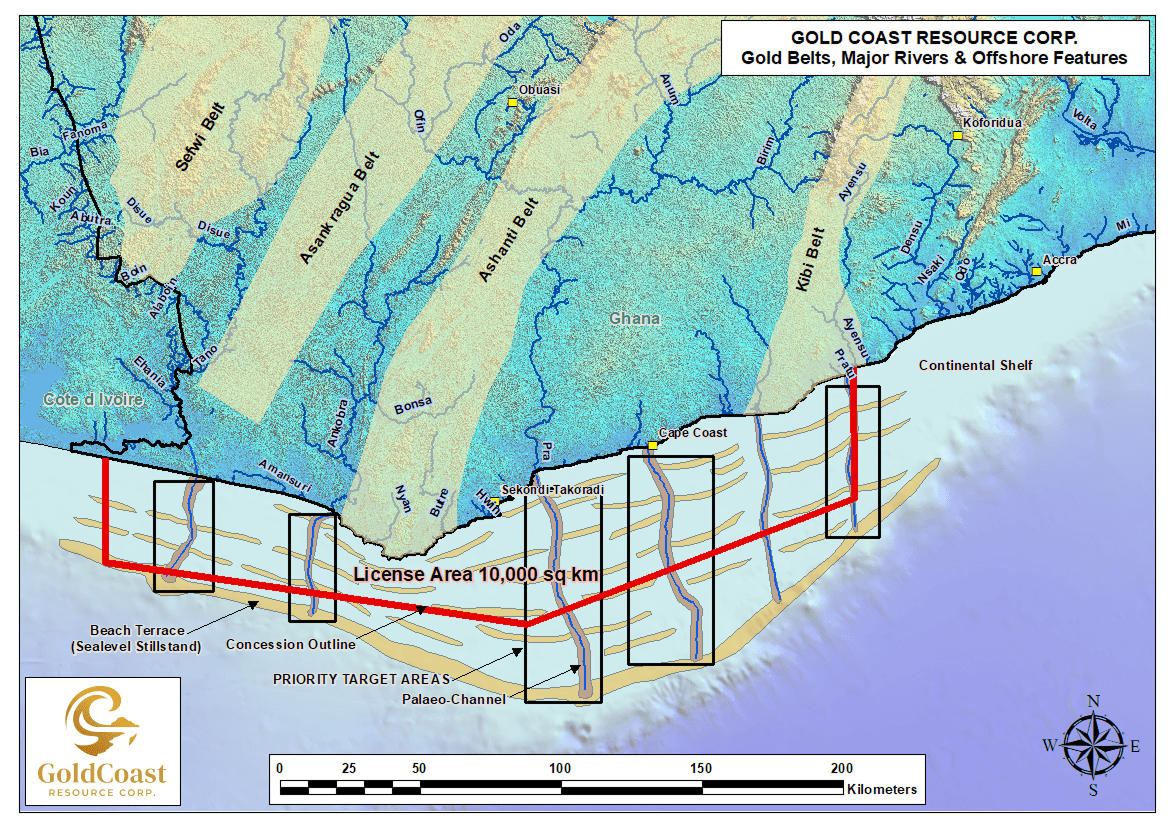 Map of Ghana's gold belts and major rivers with GoldCoast's 10,000 km² offshore license area outlined on the continental shelf