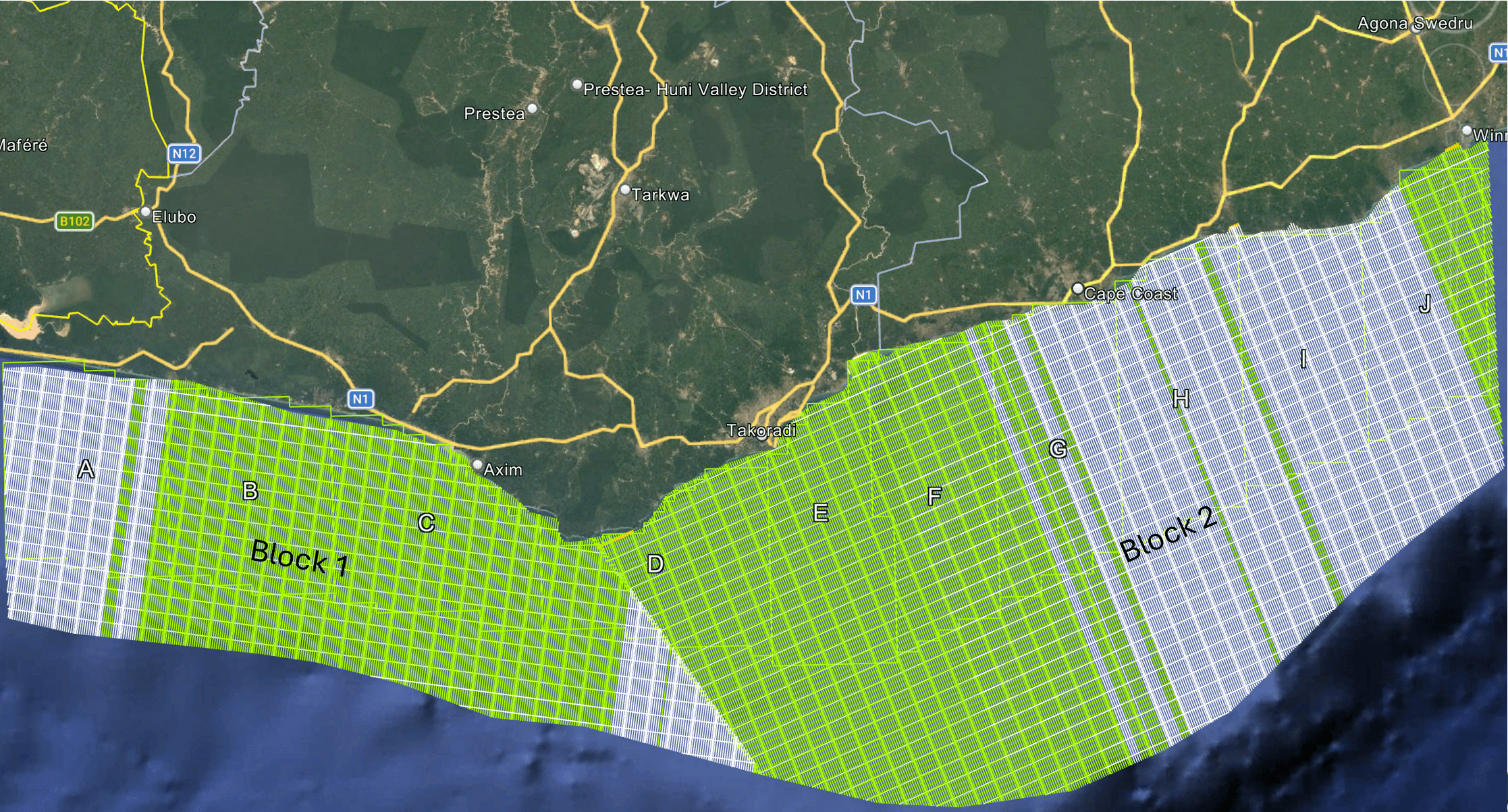 Satellite view of southwestern Ghana's coastline with the 10,000 km² aeromagnetic survey grid overlaid in blocks A through J — green areas mark line kilometers flown and completed
