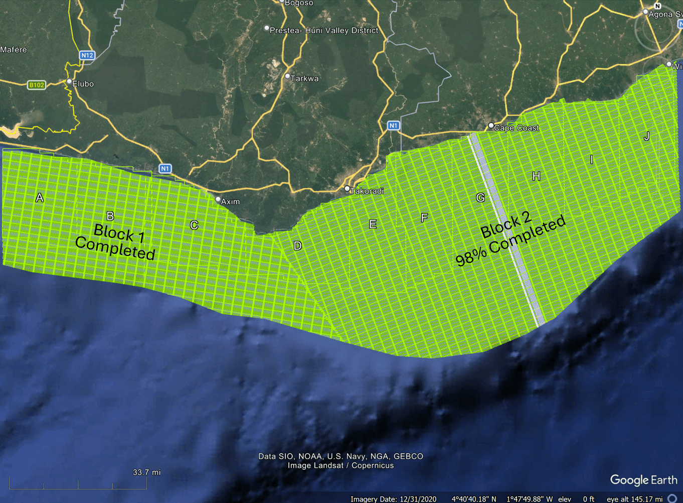 Satellite view of southwestern Ghana's coastline with the 10,000 km² aeromagnetic survey grid overlaid in blocks A through J — Block 1 flown and completed, Block 2 98% complete