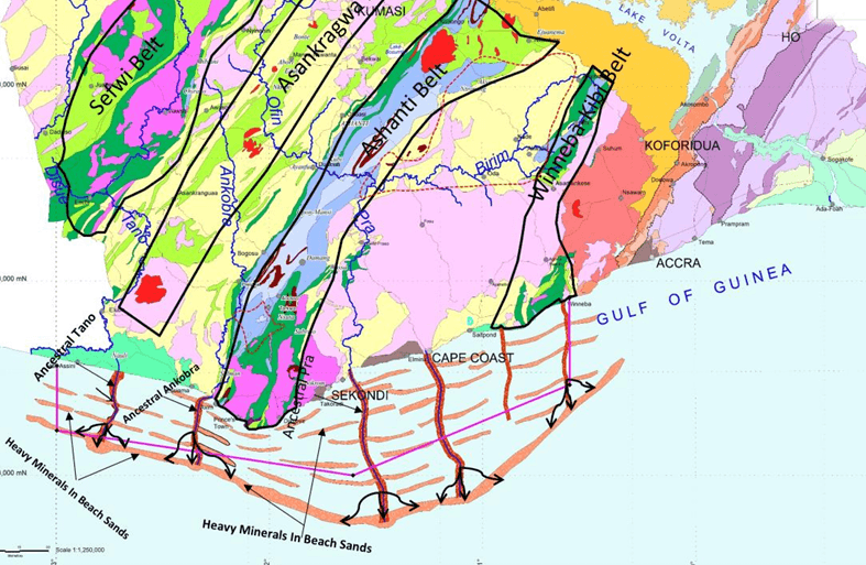 Geological map of southern Ghana showing the Sefwi, Asankragwa, Ashanti and Winneba-Dadia gold belts cut by the ancestral Tano, Ankobra, and Pra river systems that drain heavy minerals onto the continental shelf of the Gulf of Guinea