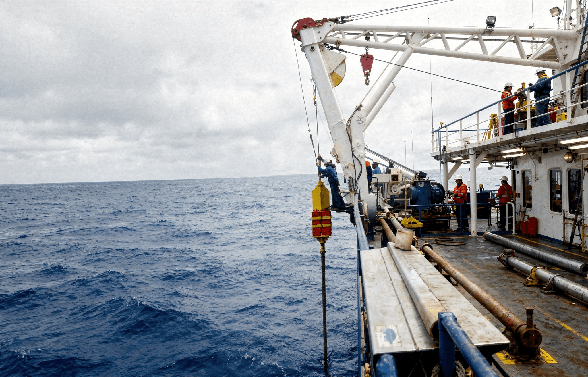 Crew deploying sediment sampling equipment from research vessel