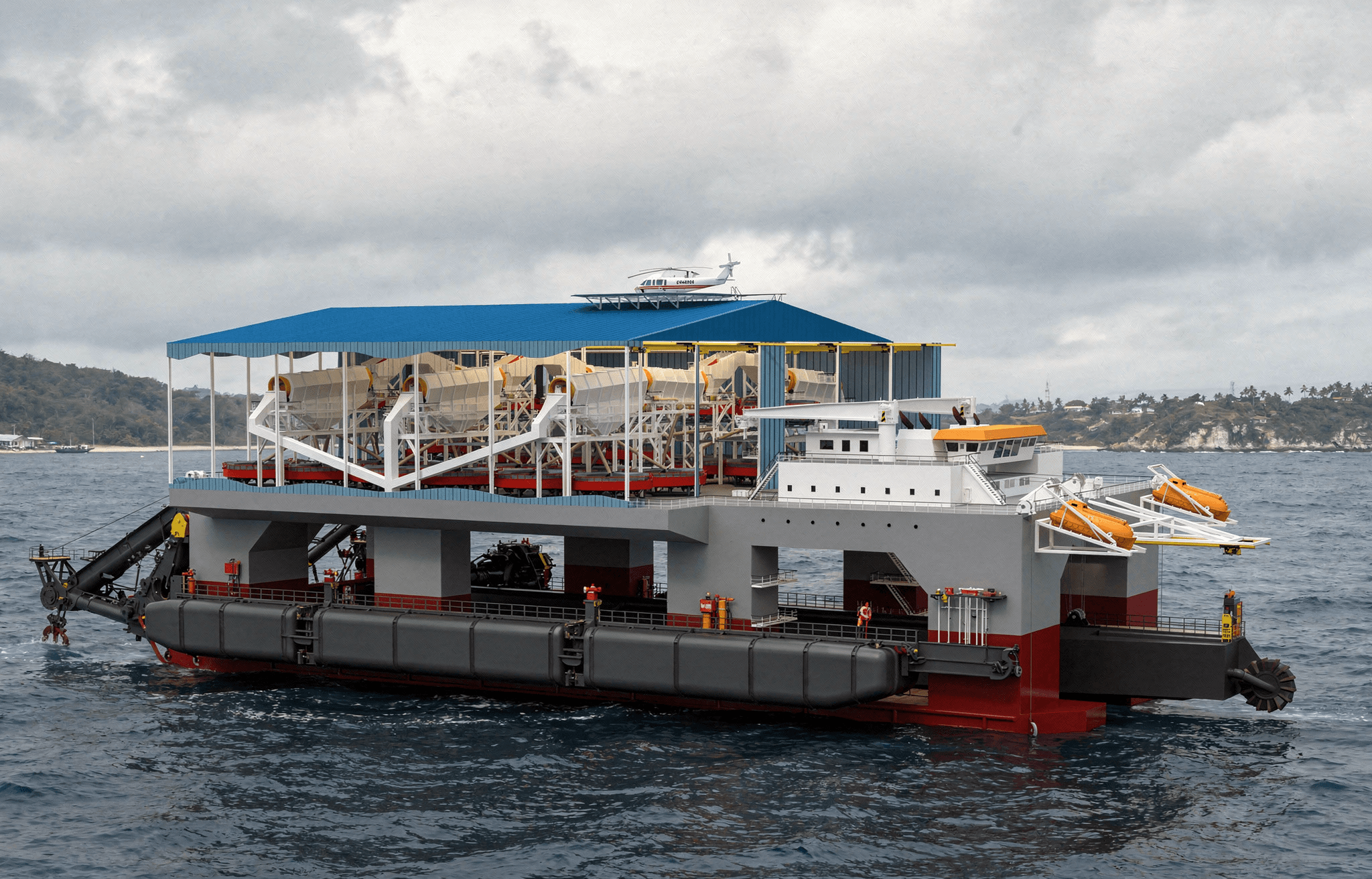 Offshore dredging platform with processing equipment operating at sea